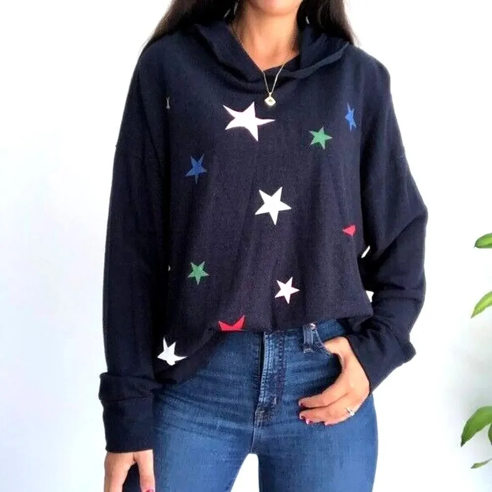 Sundry Size 4 / XL Star Print Graphic Hoodie French Terry Navy Blue - Picture 2 of 11